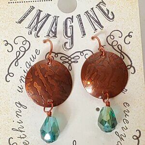 NWT Handmade Cooper Glass Bead Earrings Textured Dangle‎ Boho Blue Hill Artsy